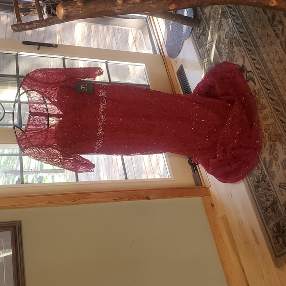 Lucci Lu Formal Elegant Burgandy Embellished Lace Maxi Sz. 10 Event Gown NWT - Picture 3 of 16